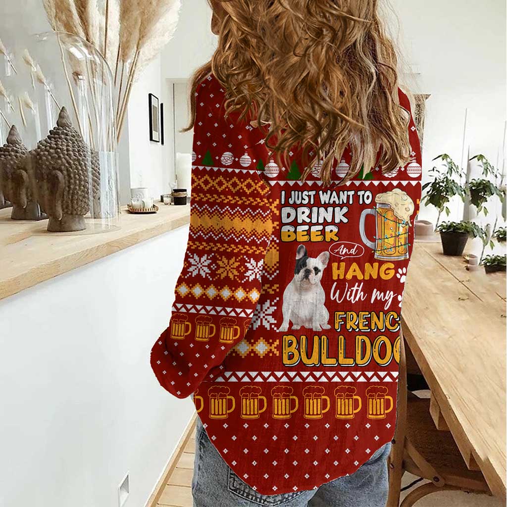 Drink Beer With French Bulldog Christmas Women Casual Shirt Xmas Holiday Patterns - Wonder Print Shop