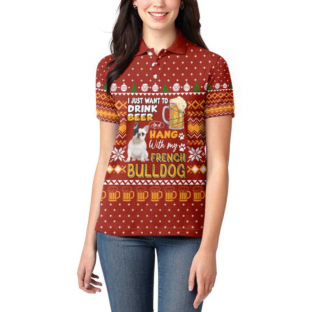 Drink Beer With French Bulldog Christmas Women Polo Shirt Xmas Holiday Patterns - Wonder Print Shop