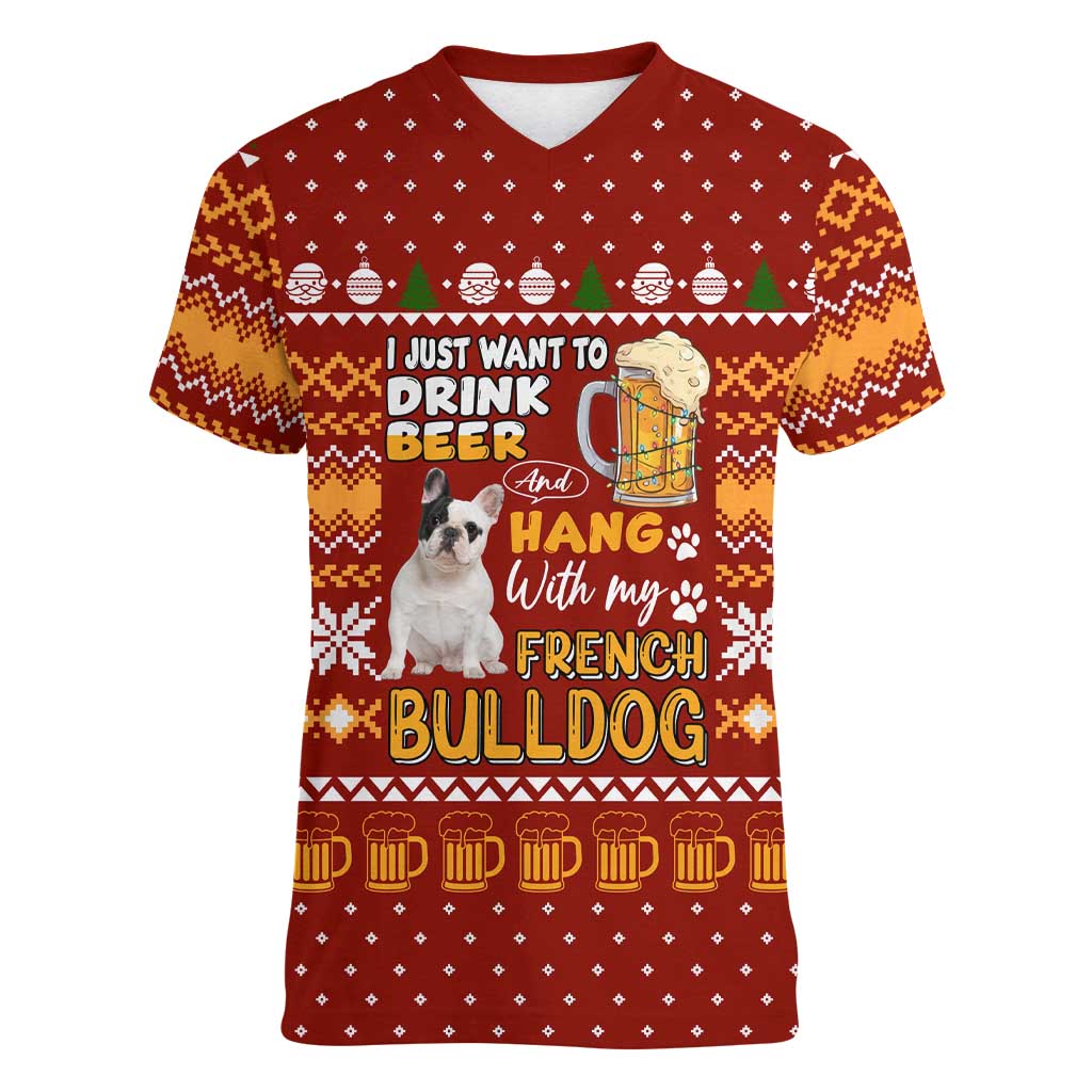 Drink Beer With French Bulldog Christmas Women V-Neck T-Shirt Xmas Holiday Patterns - undefined
