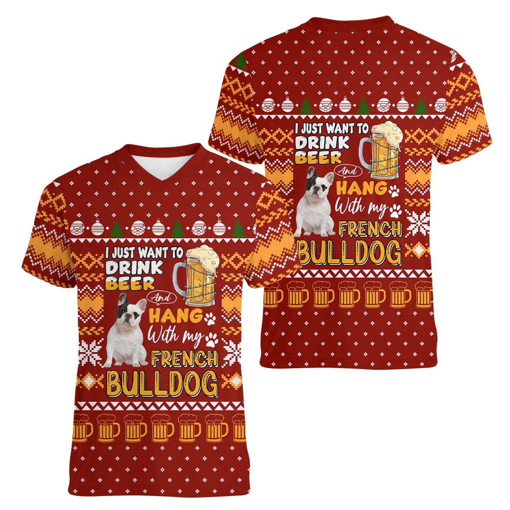 Drink Beer With French Bulldog Christmas Women V-Neck T-Shirt Xmas Holiday Patterns - undefined