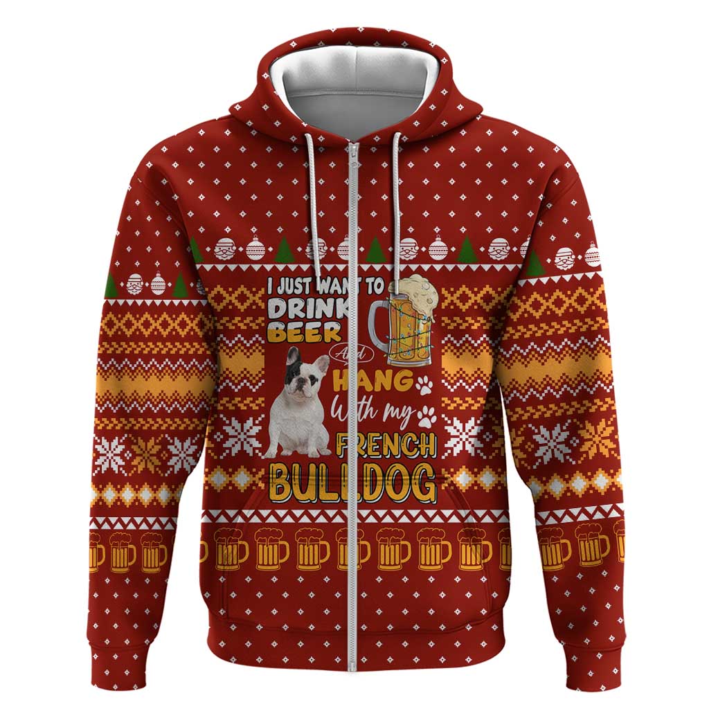 Drink Beer With French Bulldog Christmas Zip Hoodie Xmas Holiday Patterns - Wonder Print Shop
