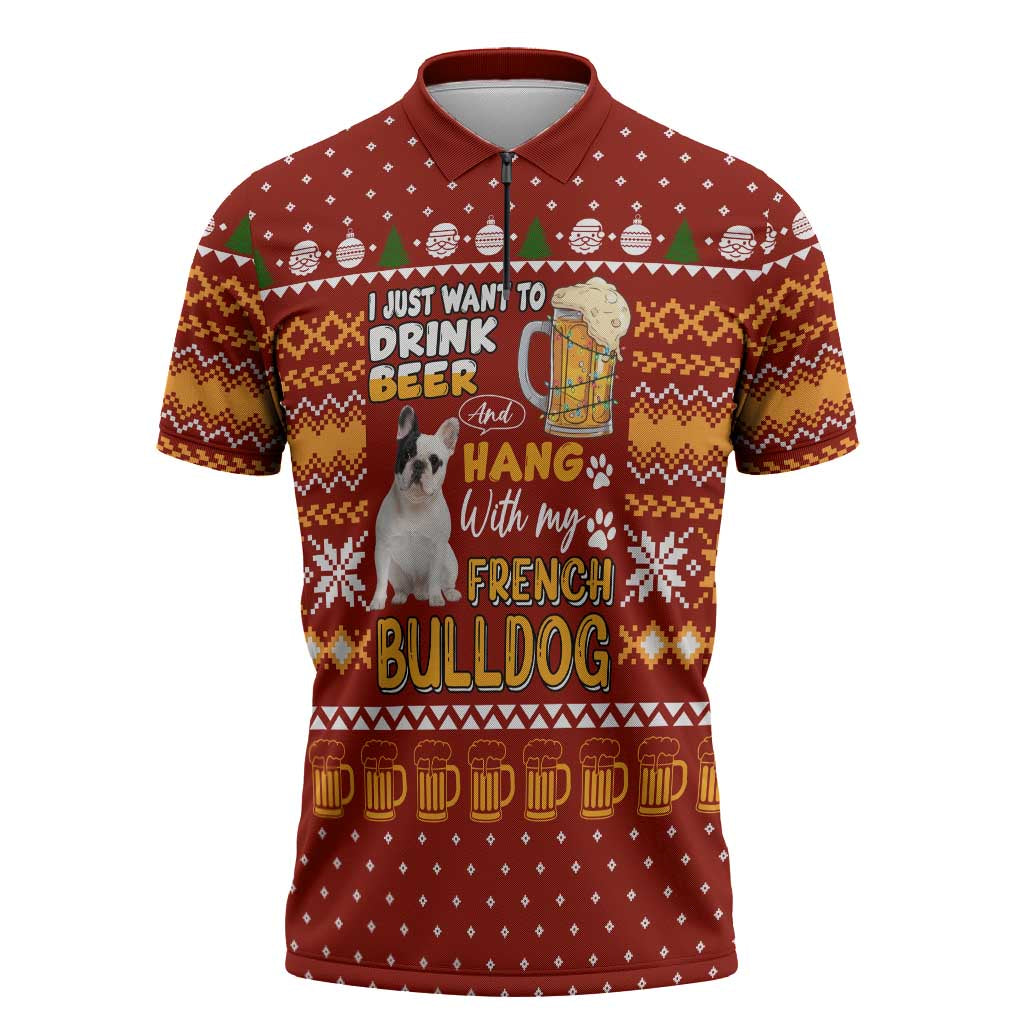 Drink Beer With French Bulldog Christmas Zipper Polo Shirt Xmas Holiday Patterns - Wonder Print Shop