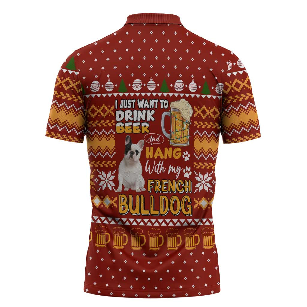 Drink Beer With French Bulldog Christmas Zipper Polo Shirt Xmas Holiday Patterns - Wonder Print Shop