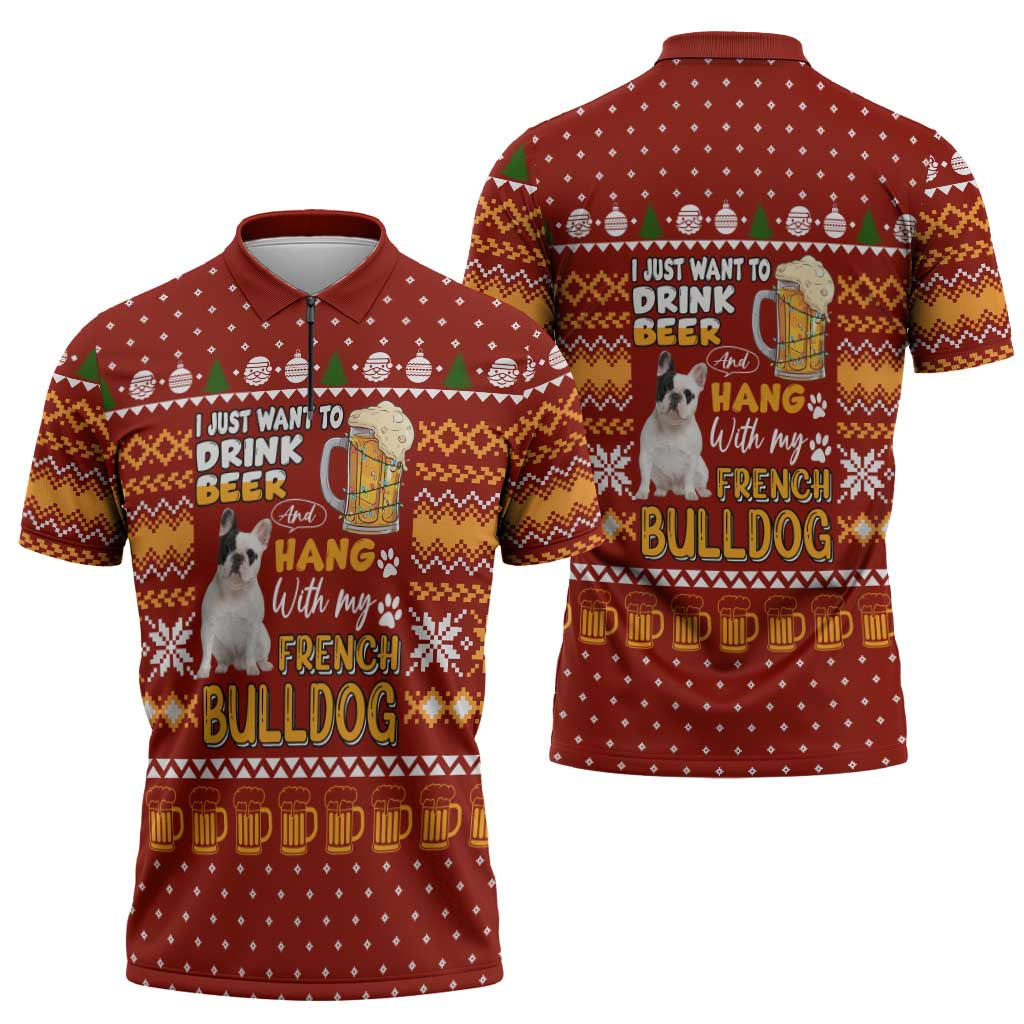 Drink Beer With French Bulldog Christmas Zipper Polo Shirt Xmas Holiday Patterns - Wonder Print Shop