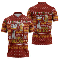 Drink Beer With French Bulldog Christmas Zipper Polo Shirt Xmas Holiday Patterns - Wonder Print Shop