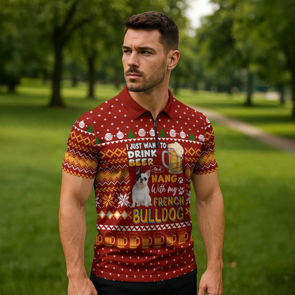 Drink Beer With French Bulldog Christmas Zipper Polo Shirt Xmas Holiday Patterns - Wonder Print Shop