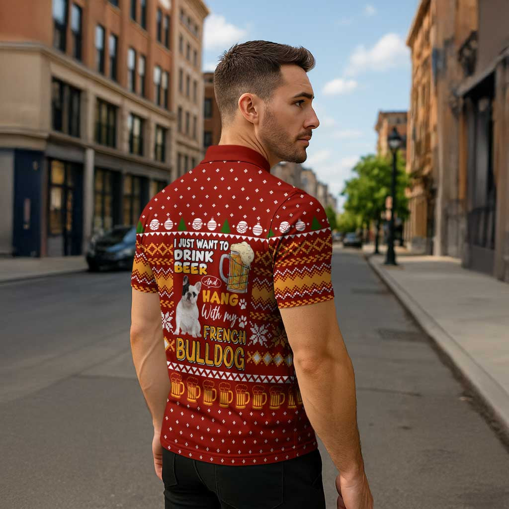 Drink Beer With French Bulldog Christmas Zipper Polo Shirt Xmas Holiday Patterns - Wonder Print Shop