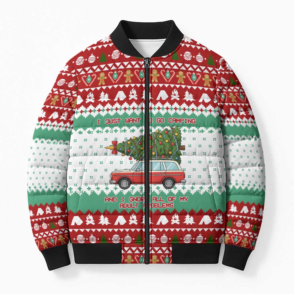 I Just Want To Camping Christmas Bomber Puffer Jacket Xmas Holiday Patterns - Wonder Print Shop