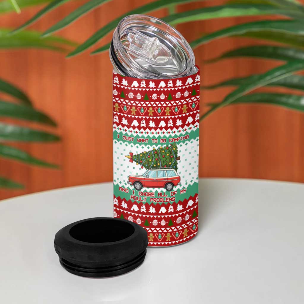I Just Want To Camping Christmas 4 in 1 Can Cooler Tumbler Xmas Holiday Patterns - Wonder Print Shop
