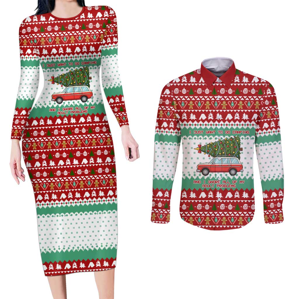 I Just Want To Camping Christmas Couples Matching Long Sleeve Bodycon Dress and Long Sleeve Button Shirt Xmas Holiday Patterns - Wonder Print Shop