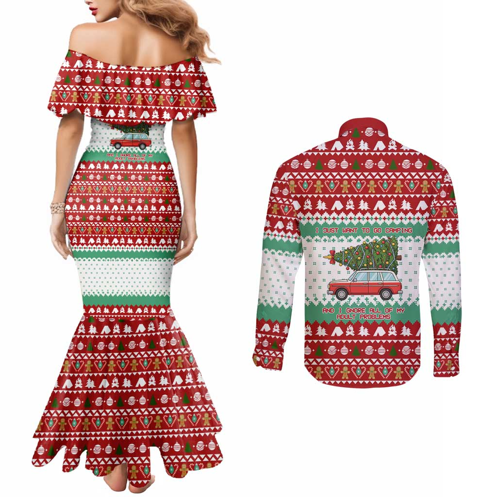 I Just Want To Camping Christmas Couples Matching Mermaid Dress and Long Sleeve Button Shirt Xmas Holiday Patterns - Wonder Print Shop