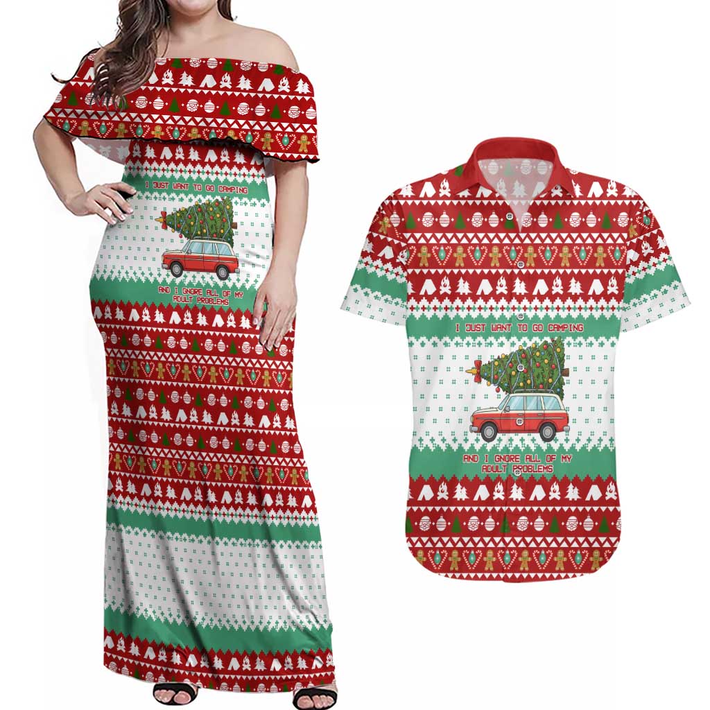 I Just Want To Camping Christmas Couples Matching Off Shoulder Maxi Dress and Hawaiian Shirt Xmas Holiday Patterns - Wonder Print Shop