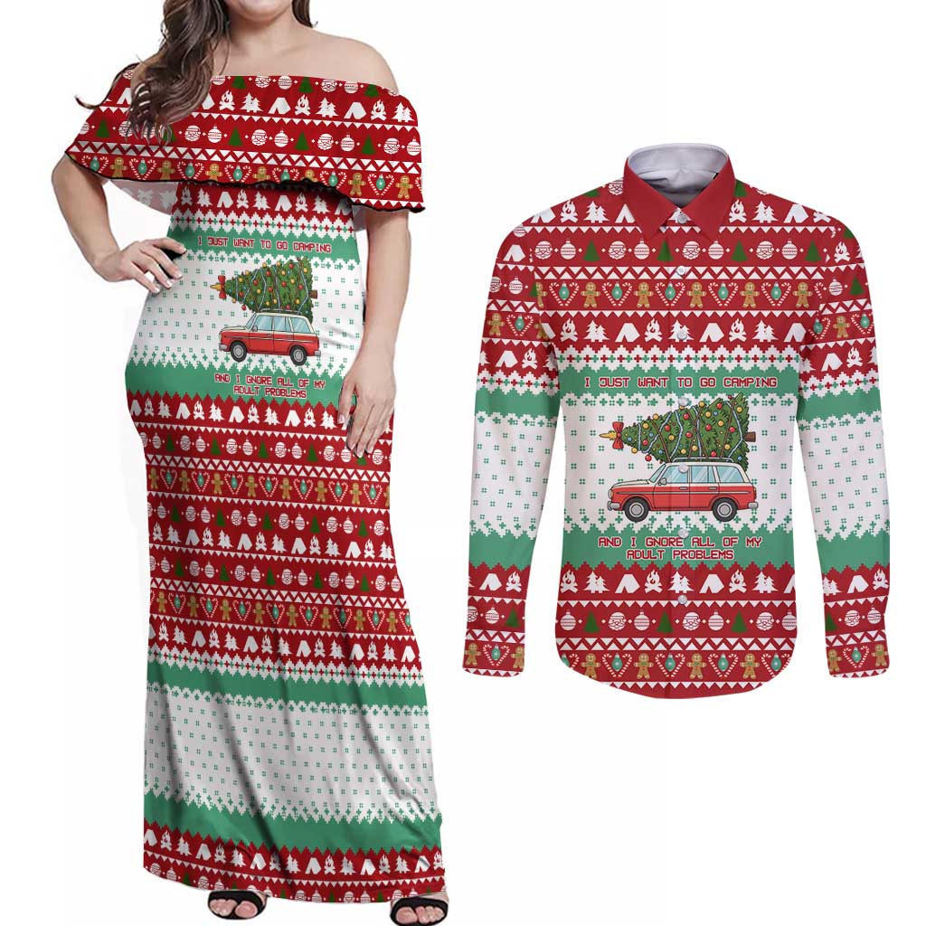 I Just Want To Camping Christmas Couples Matching Off Shoulder Maxi Dress and Long Sleeve Button Shirt Xmas Holiday Patterns - Wonder Print Shop