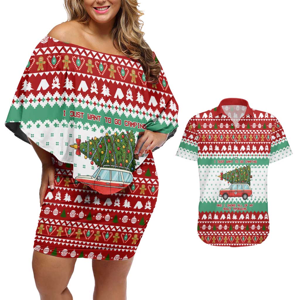 I Just Want To Camping Christmas Couples Matching Off Shoulder Short Dress and Hawaiian Shirt Xmas Holiday Patterns - Wonder Print Shop