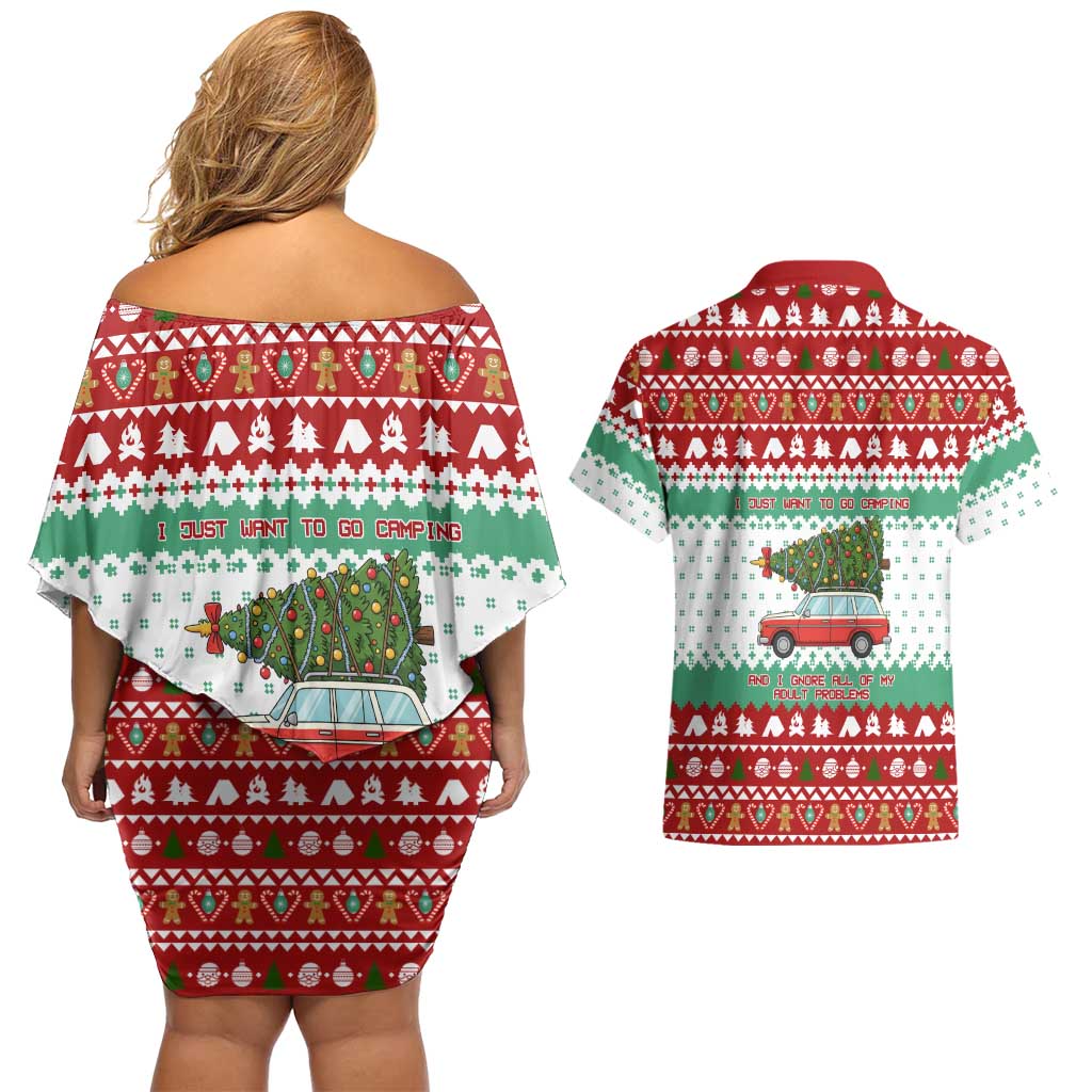I Just Want To Camping Christmas Couples Matching Off Shoulder Short Dress and Hawaiian Shirt Xmas Holiday Patterns - Wonder Print Shop