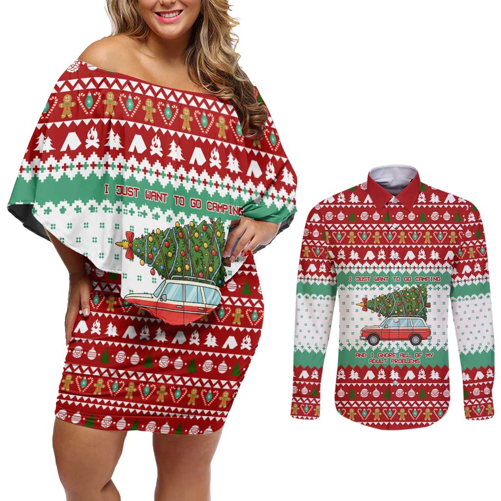 I Just Want To Camping Christmas Couples Matching Off Shoulder Short Dress and Long Sleeve Button Shirt Xmas Holiday Patterns - Wonder Print Shop