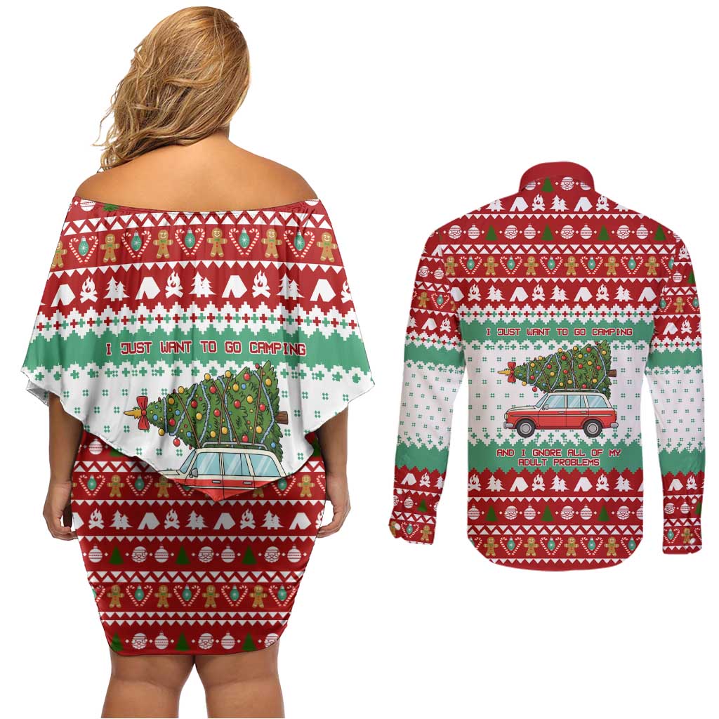 I Just Want To Camping Christmas Couples Matching Off Shoulder Short Dress and Long Sleeve Button Shirt Xmas Holiday Patterns - Wonder Print Shop