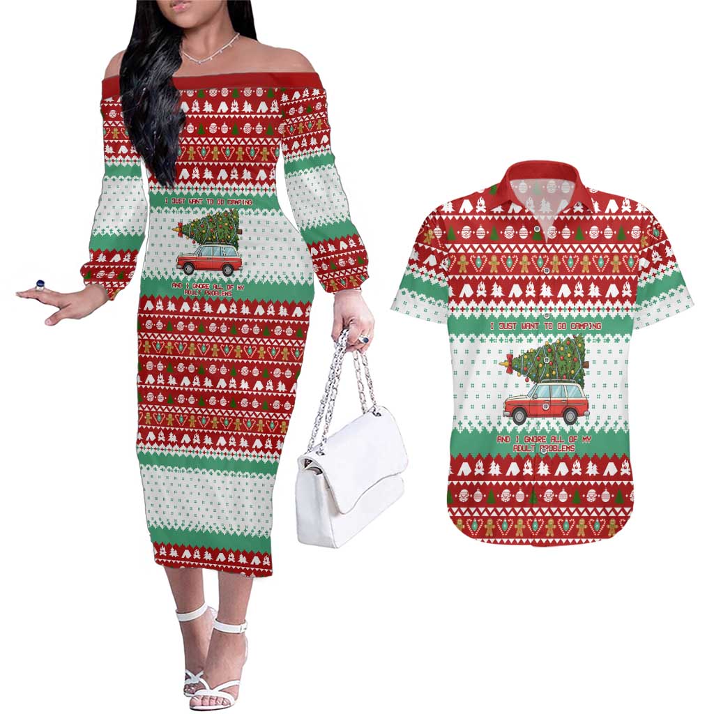 I Just Want To Camping Christmas Couples Matching Off The Shoulder Long Sleeve Dress and Hawaiian Shirt Xmas Holiday Patterns - Wonder Print Shop