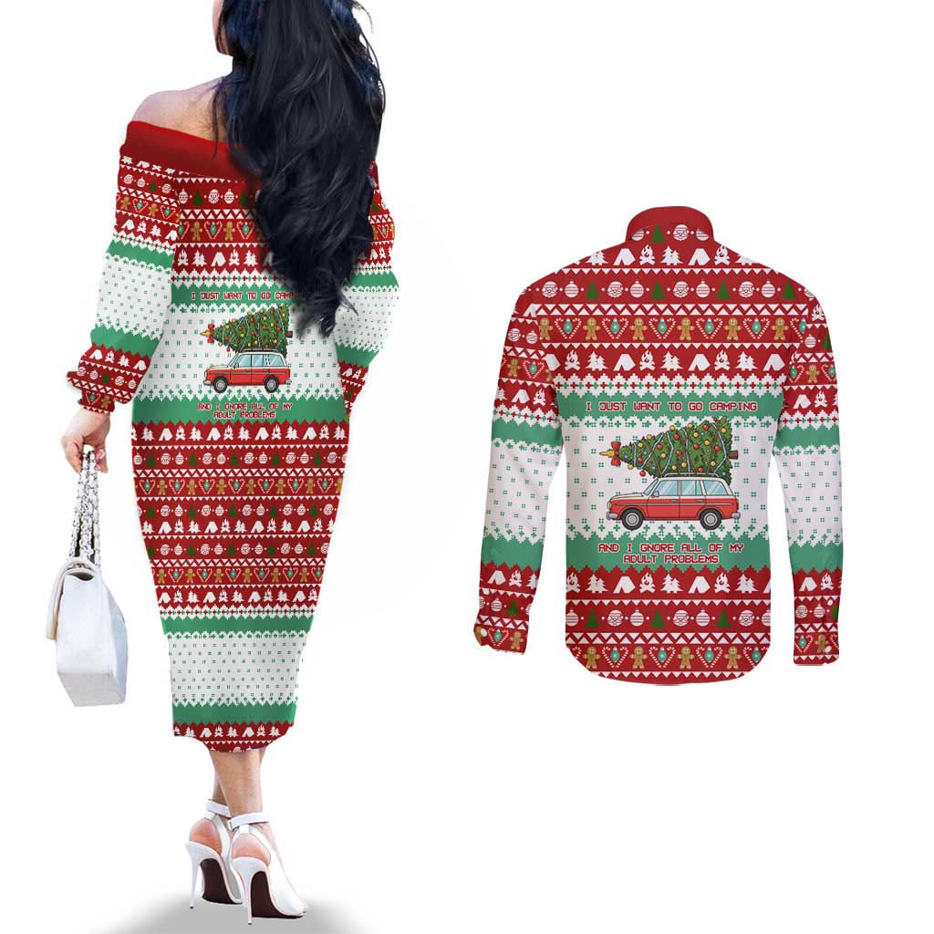 I Just Want To Camping Christmas Couples Matching Off The Shoulder Long Sleeve Dress and Long Sleeve Button Shirt Xmas Holiday Patterns - Wonder Print Shop