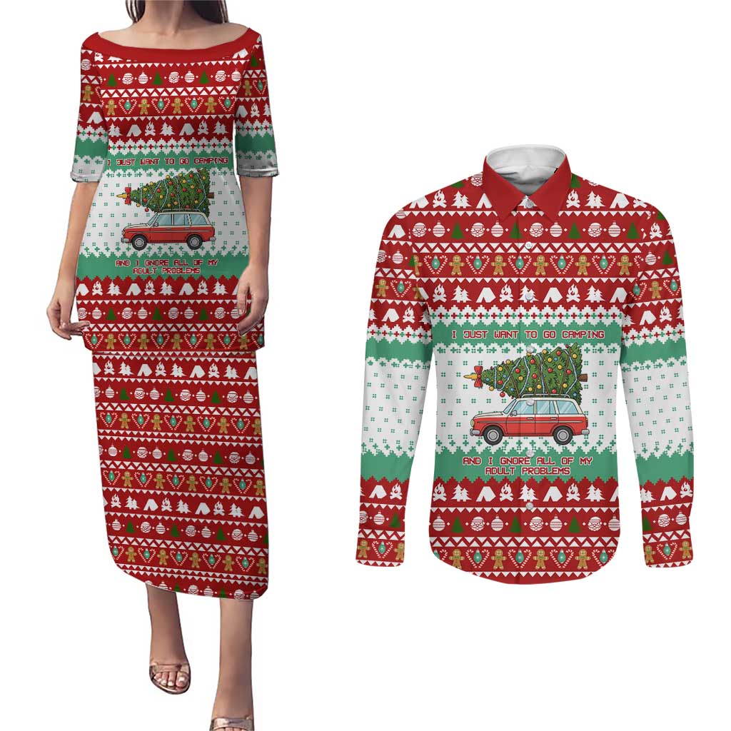 I Just Want To Camping Christmas Couples Matching Puletasi and Long Sleeve Button Shirt Xmas Holiday Patterns - Wonder Print Shop