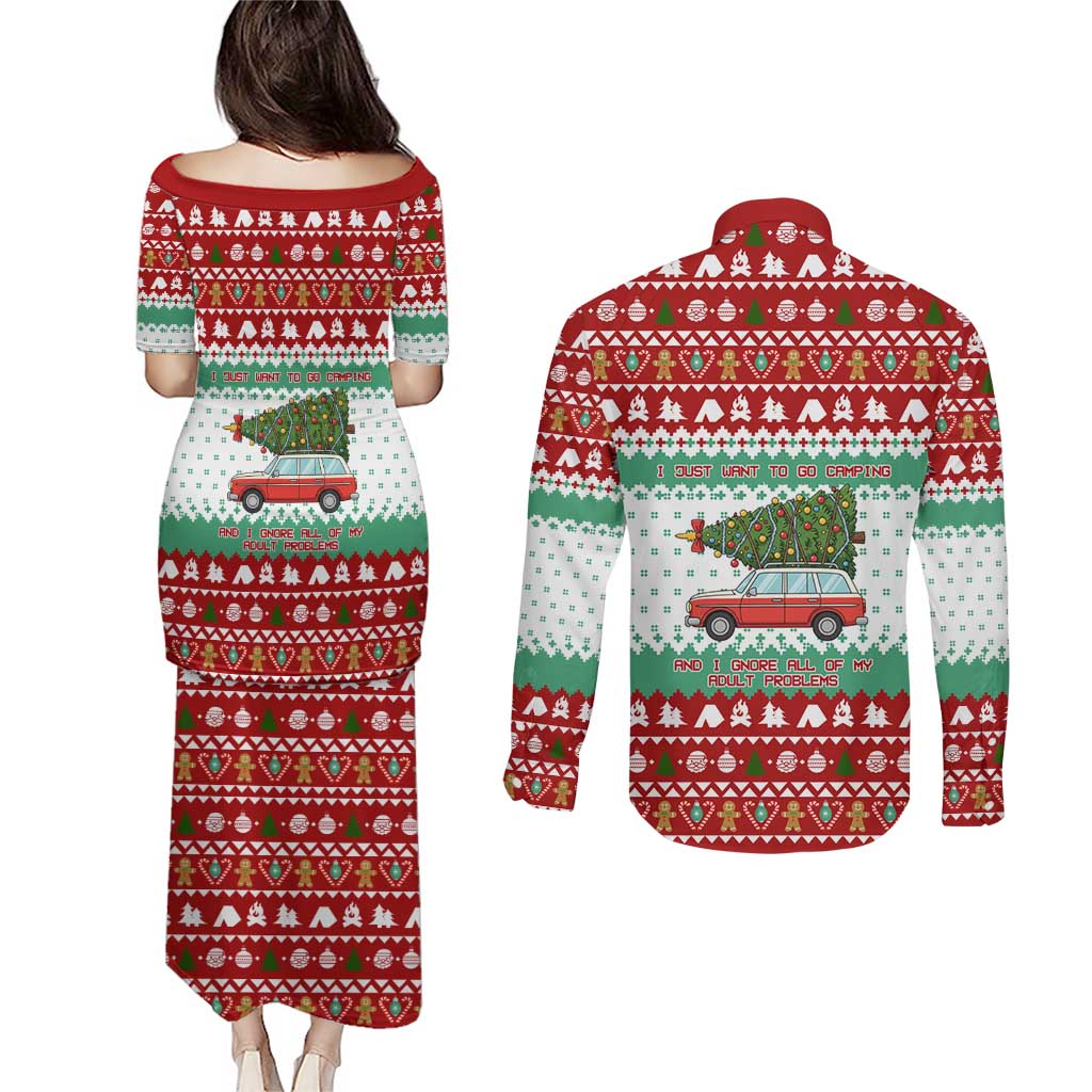 I Just Want To Camping Christmas Couples Matching Puletasi and Long Sleeve Button Shirt Xmas Holiday Patterns - Wonder Print Shop