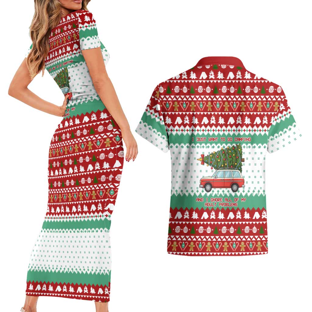 I Just Want To Camping Christmas Couples Matching Short Sleeve Bodycon Dress and Hawaiian Shirt Xmas Holiday Patterns - Wonder Print Shop