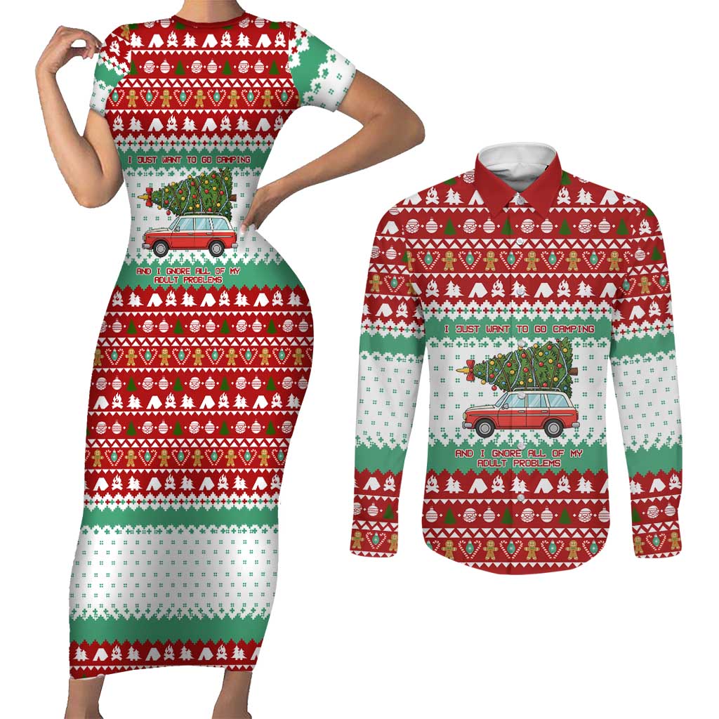I Just Want To Camping Christmas Couples Matching Short Sleeve Bodycon Dress and Long Sleeve Button Shirt Xmas Holiday Patterns - Wonder Print Shop