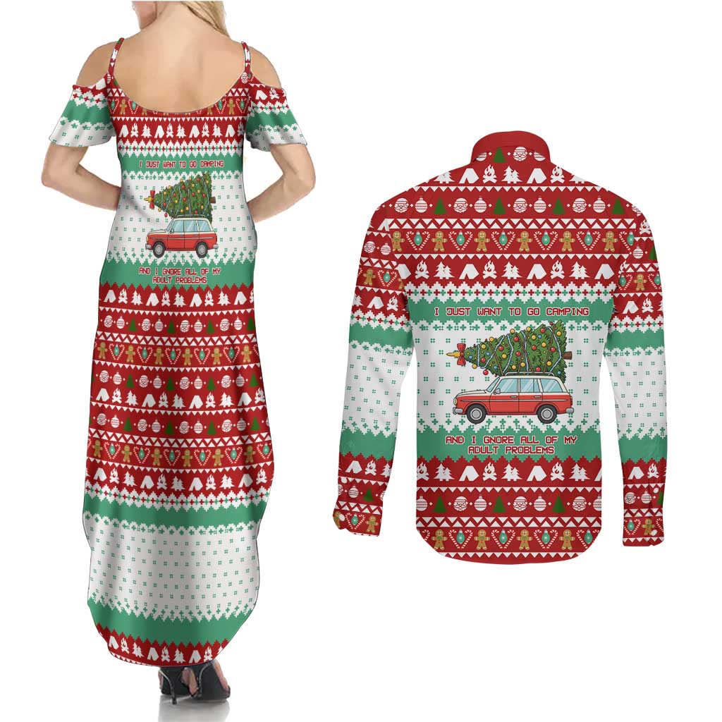 I Just Want To Camping Christmas Couples Matching Summer Maxi Dress and Long Sleeve Button Shirt Xmas Holiday Patterns - Wonder Print Shop