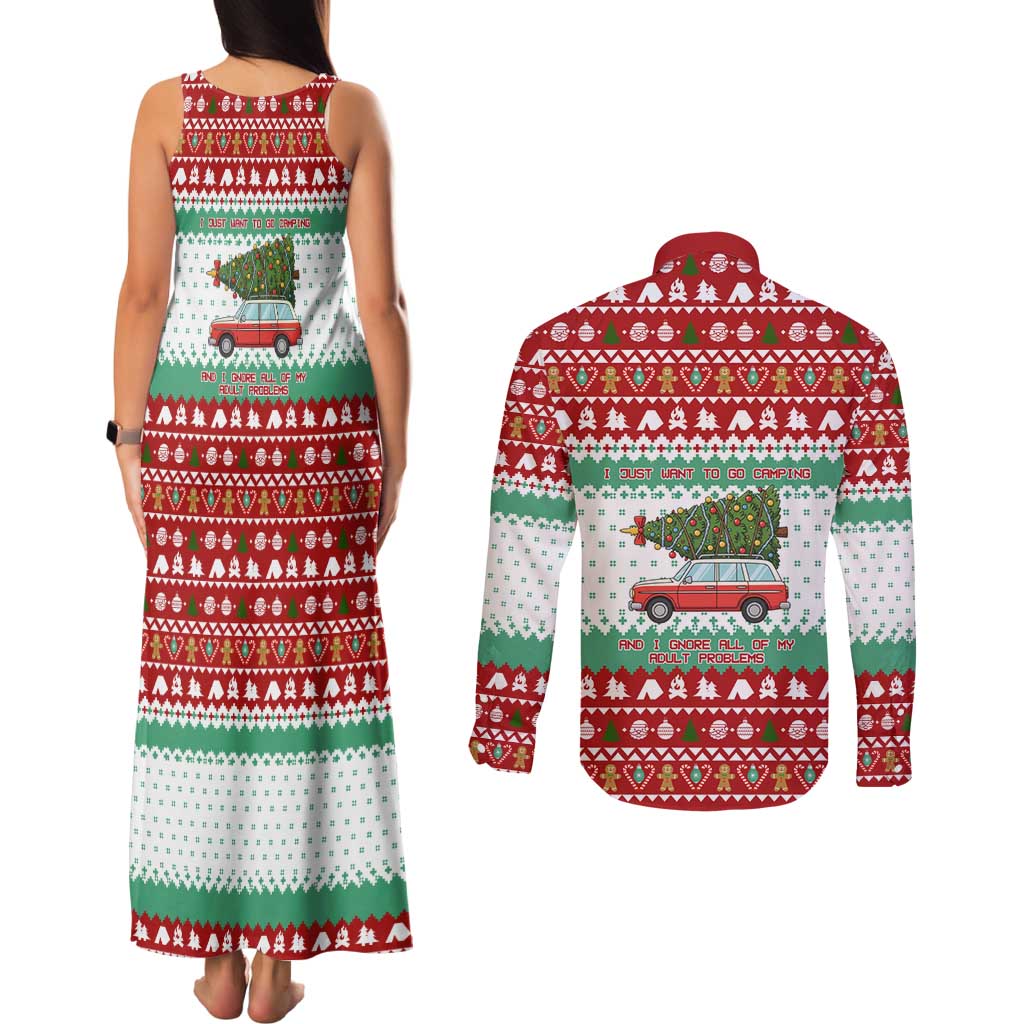I Just Want To Camping Christmas Couples Matching Tank Maxi Dress and Long Sleeve Button Shirt Xmas Holiday Patterns - Wonder Print Shop