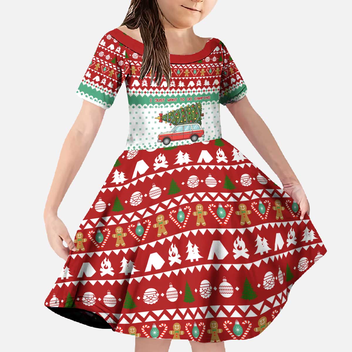 I Just Want To Camping Christmas Family Matching Off The Shoulder Long Sleeve Dress and Hawaiian Shirt Xmas Holiday Patterns - Wonder Print Shop