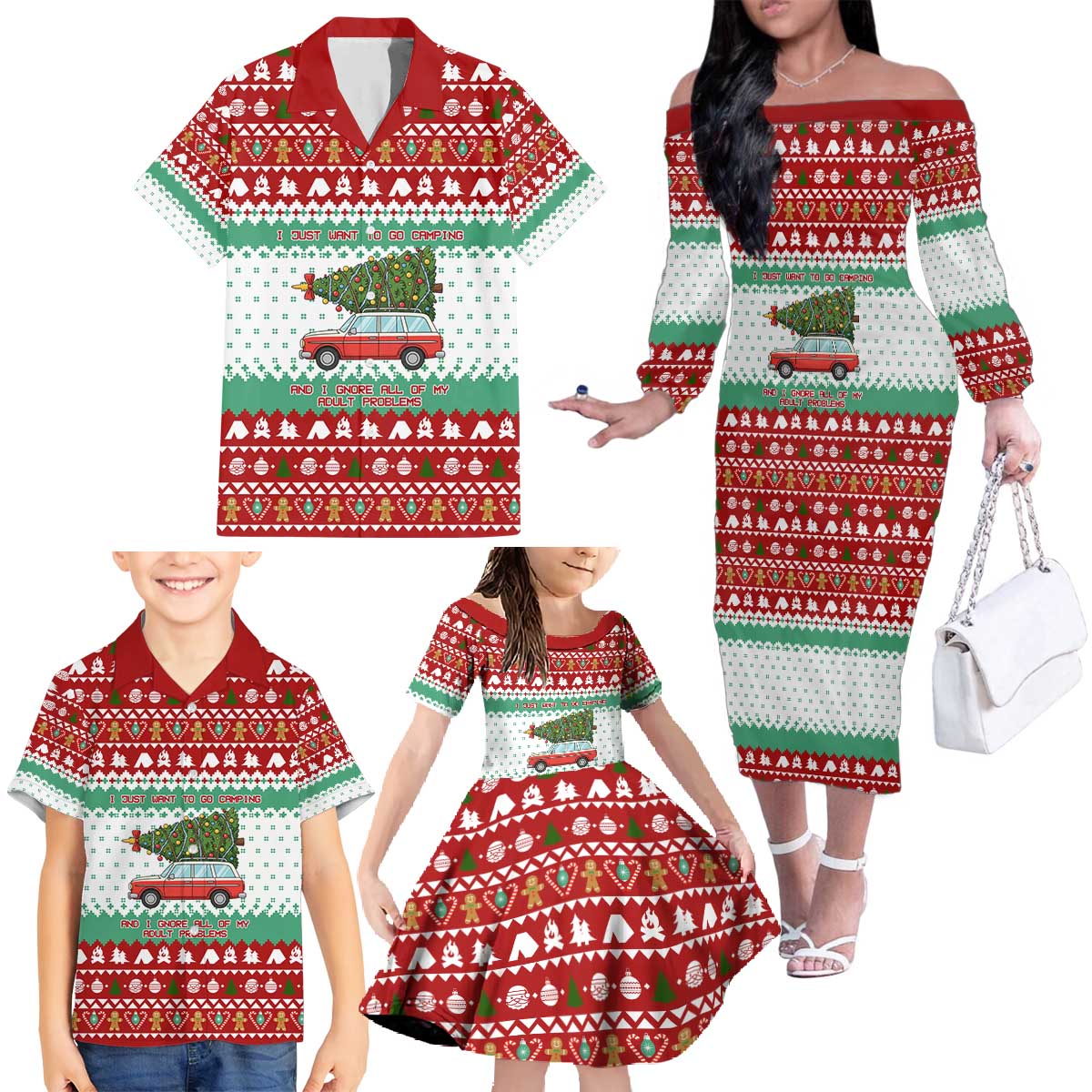 I Just Want To Camping Christmas Family Matching Off The Shoulder Long Sleeve Dress and Hawaiian Shirt Xmas Holiday Patterns - Wonder Print Shop