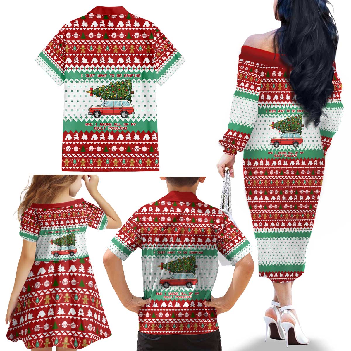 I Just Want To Camping Christmas Family Matching Off The Shoulder Long Sleeve Dress and Hawaiian Shirt Xmas Holiday Patterns - Wonder Print Shop