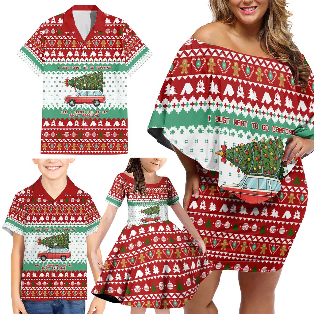 I Just Want To Camping Christmas Family Matching Off Shoulder Short Dress and Hawaiian Shirt Xmas Holiday Patterns - Wonder Print Shop