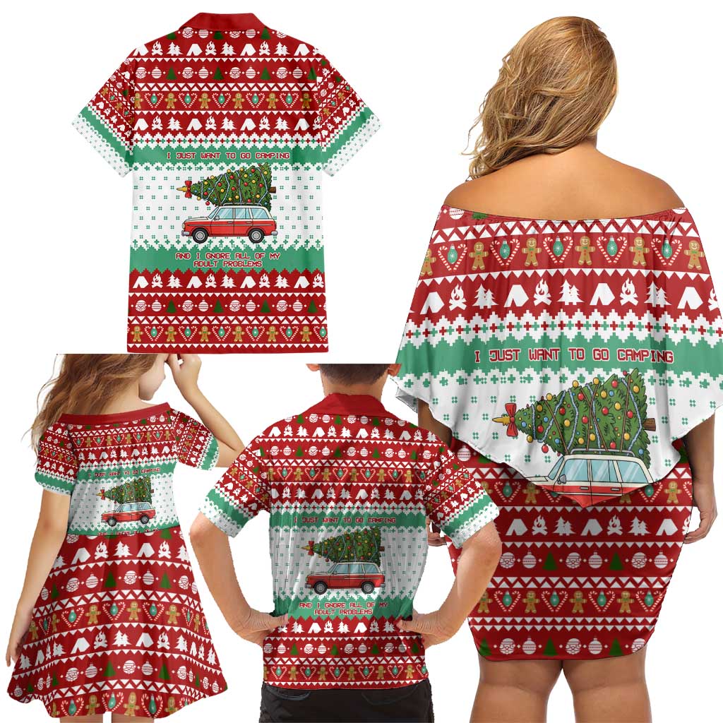 I Just Want To Camping Christmas Family Matching Off Shoulder Short Dress and Hawaiian Shirt Xmas Holiday Patterns - Wonder Print Shop