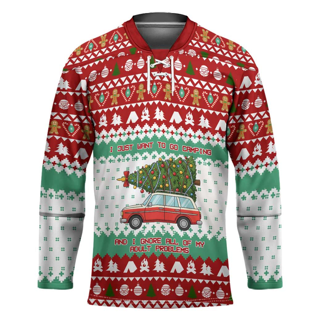 I Just Want To Camping Christmas Hockey Jersey Xmas Holiday Patterns - Wonder Print Shop