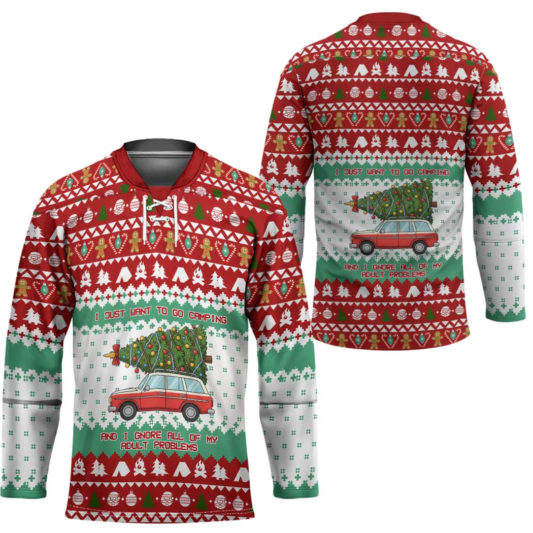 I Just Want To Camping Christmas Hockey Jersey Xmas Holiday Patterns - Wonder Print Shop