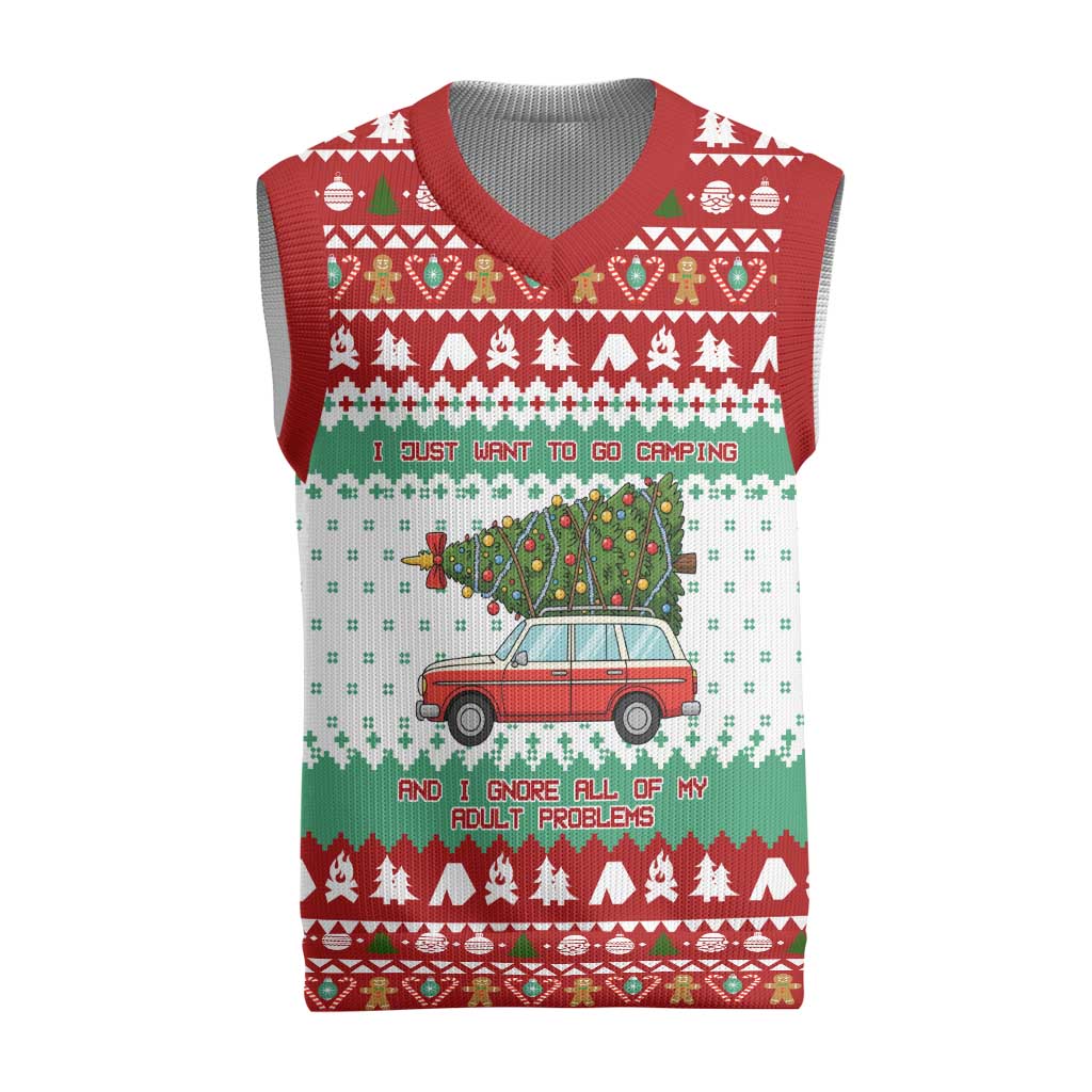 I Just Want To Camping Christmas Knitted V-Neck Vest Xmas Holiday Patterns - Wonder Print Shop