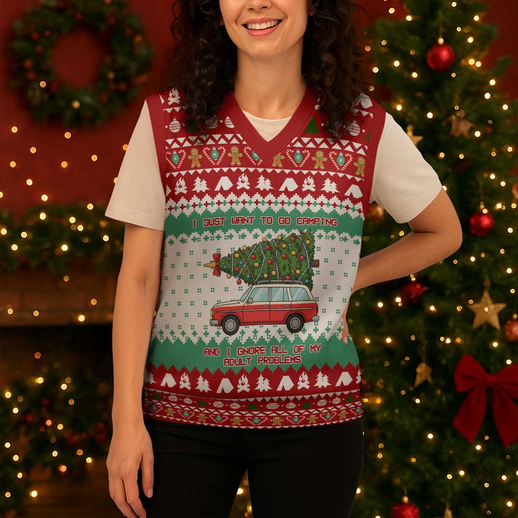 I Just Want To Camping Christmas Knitted V-Neck Vest Xmas Holiday Patterns - Wonder Print Shop