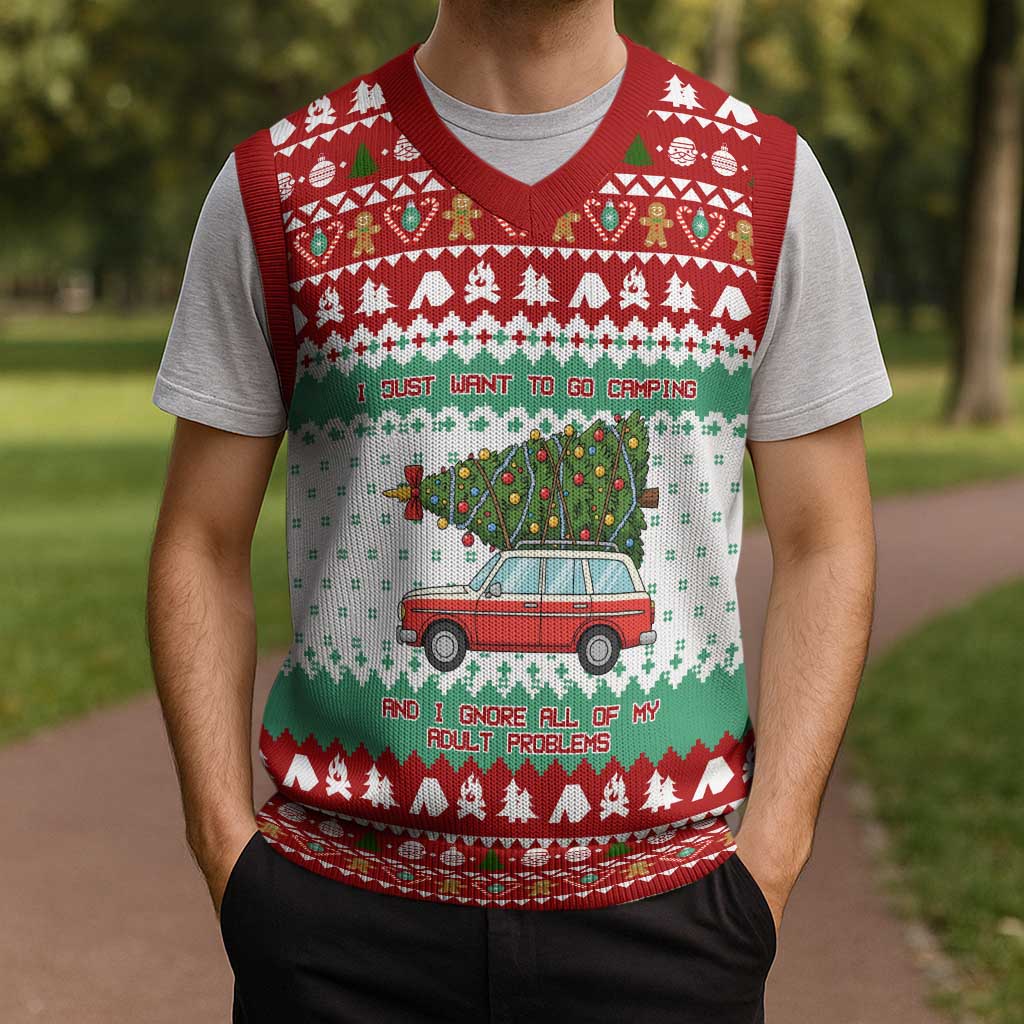 I Just Want To Camping Christmas Knitted V-Neck Vest Xmas Holiday Patterns - Wonder Print Shop