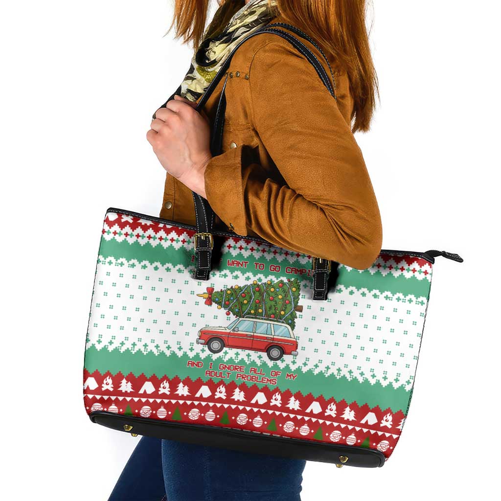 I Just Want To Camping Christmas Leather Tote Bag Xmas Holiday Patterns - Wonder Print Shop