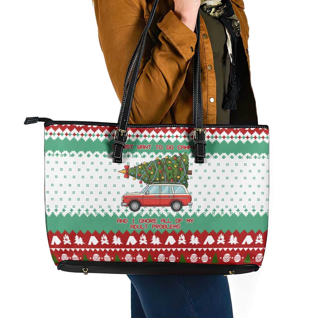I Just Want To Camping Christmas Leather Tote Bag Xmas Holiday Patterns - Wonder Print Shop