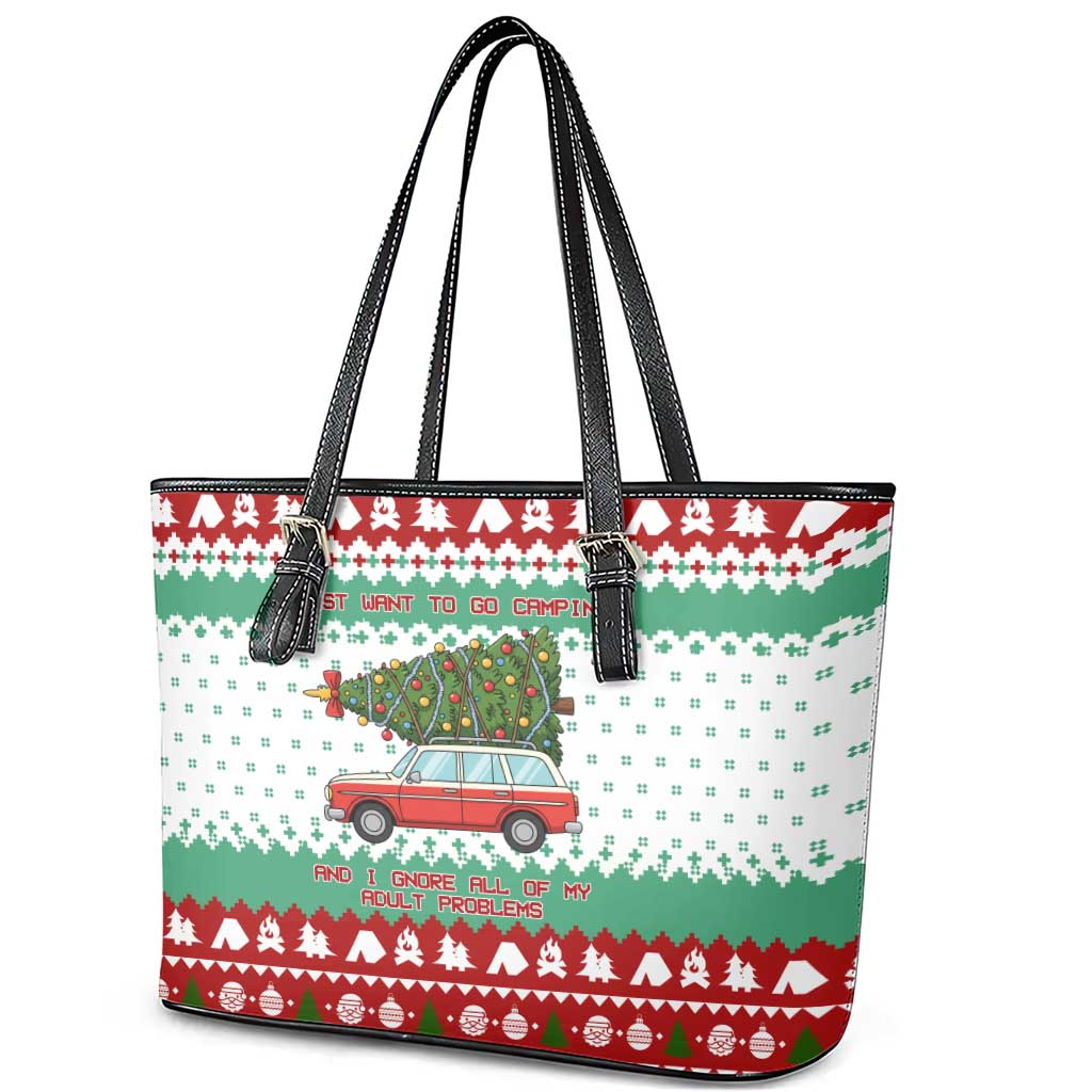 I Just Want To Camping Christmas Leather Tote Bag Xmas Holiday Patterns - Wonder Print Shop