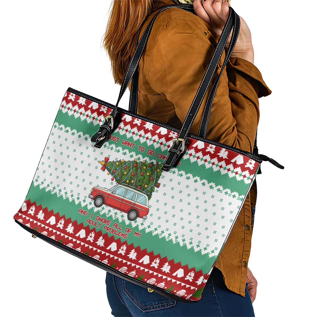 I Just Want To Camping Christmas Leather Tote Bag Xmas Holiday Patterns - Wonder Print Shop