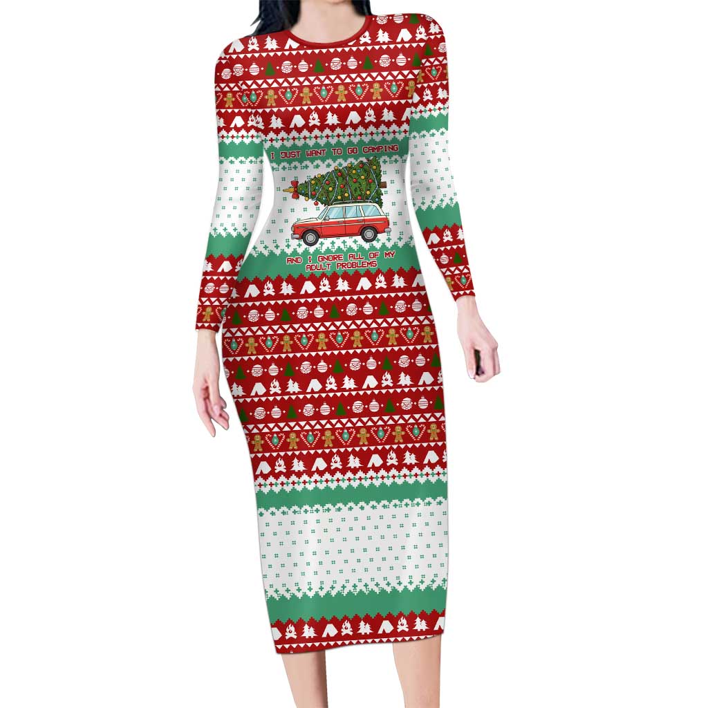I Just Want To Camping Christmas Long Sleeve Bodycon Dress Xmas Holiday Patterns - Wonder Print Shop