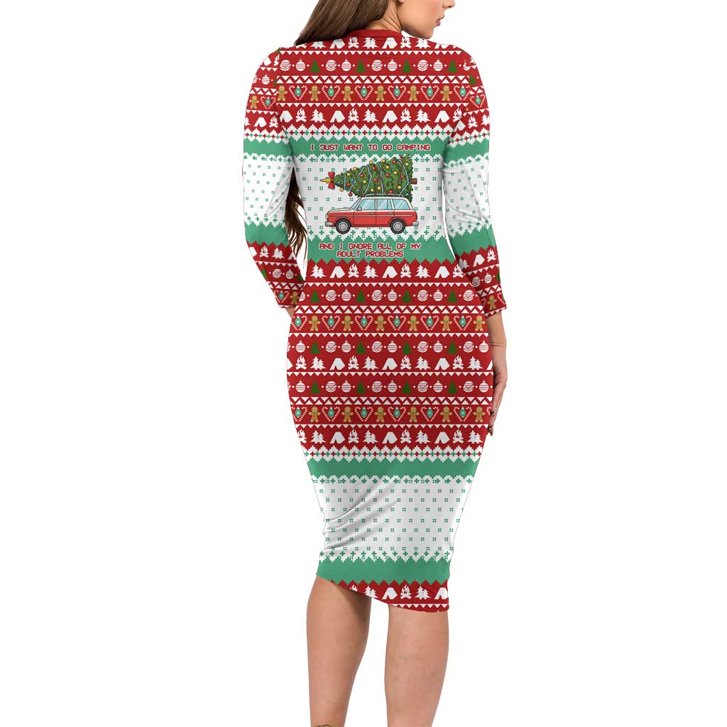 I Just Want To Camping Christmas Long Sleeve Bodycon Dress Xmas Holiday Patterns - Wonder Print Shop