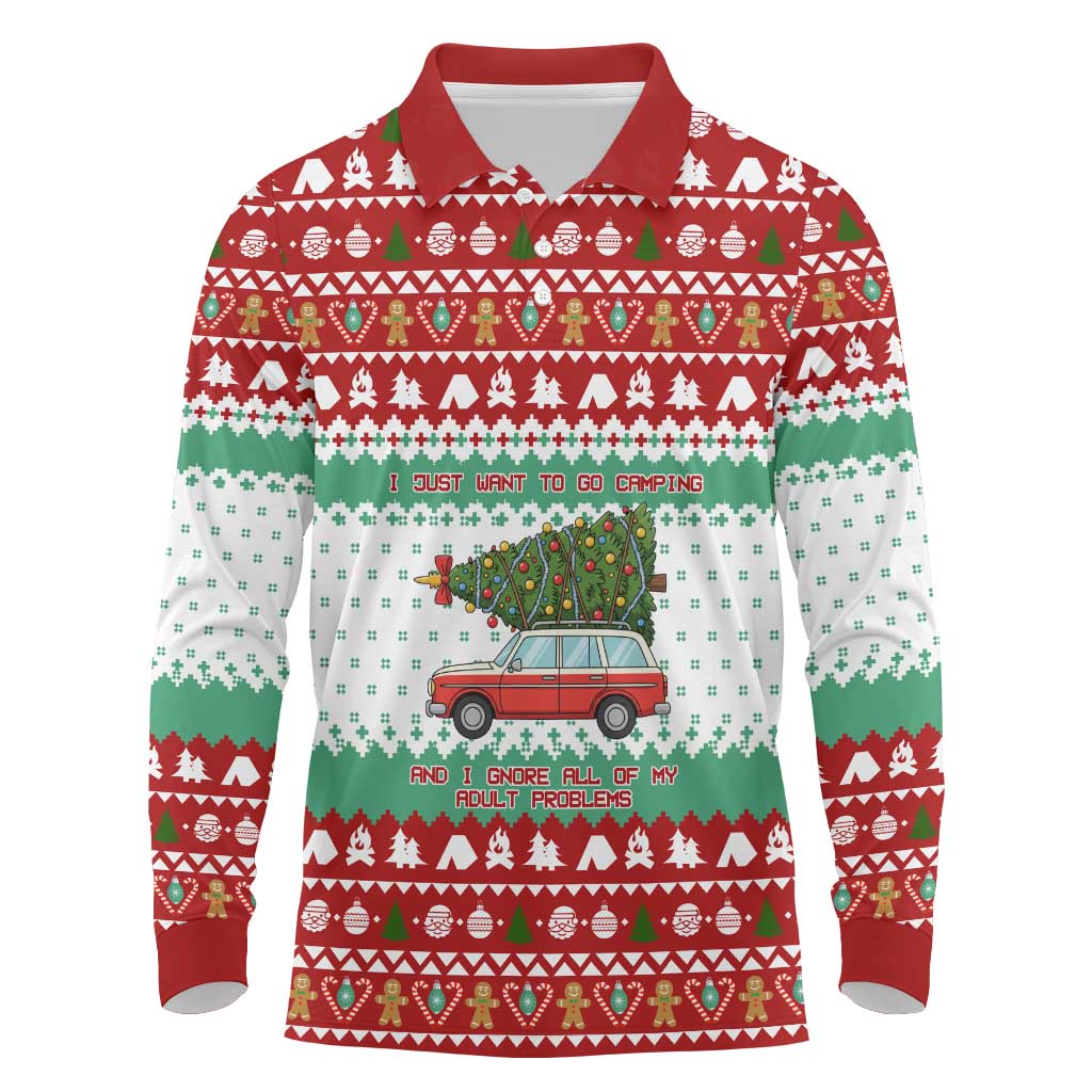 I Just Want To Camping Christmas Long Sleeve Polo Shirt Xmas Holiday Patterns - Wonder Print Shop