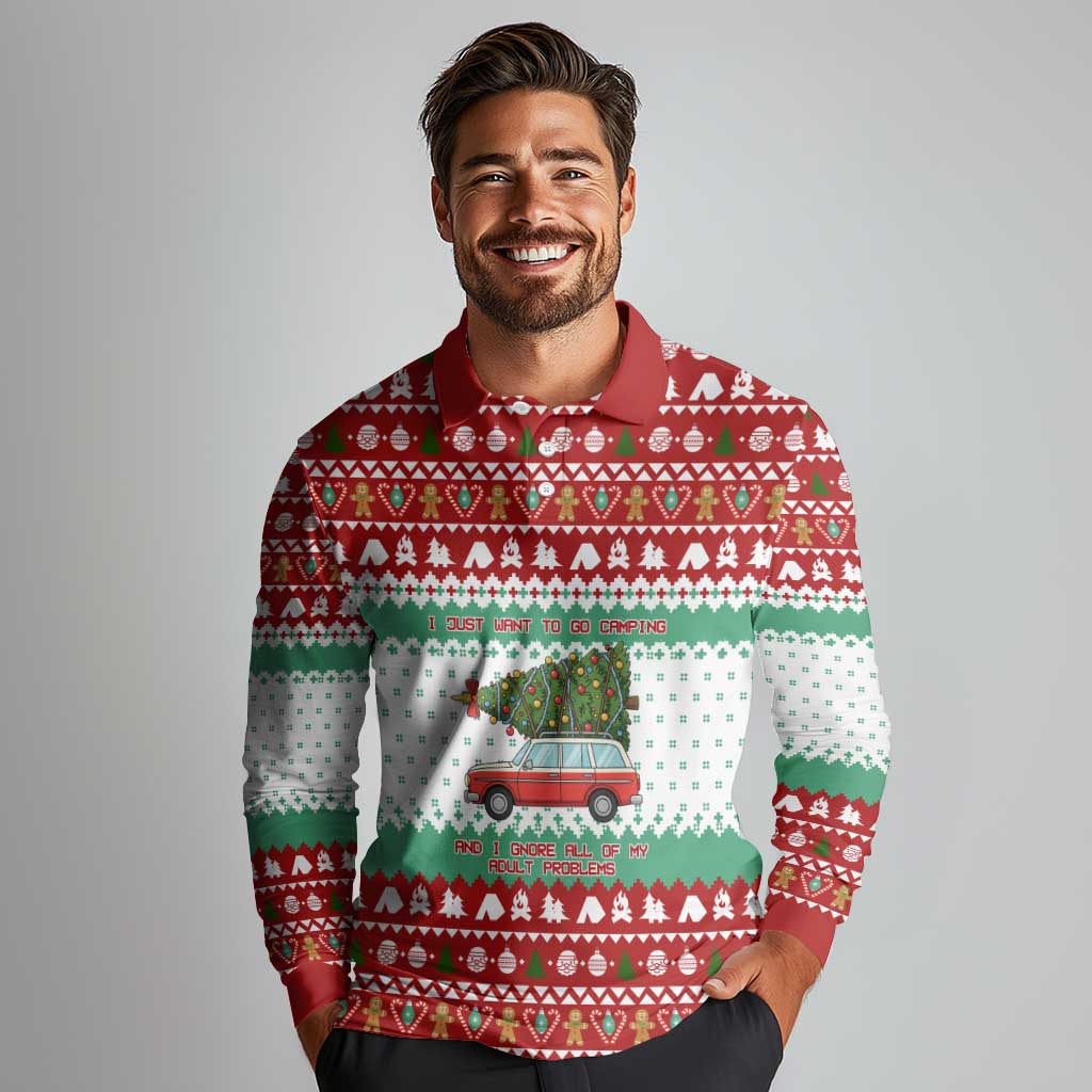 I Just Want To Camping Christmas Long Sleeve Polo Shirt Xmas Holiday Patterns - Wonder Print Shop
