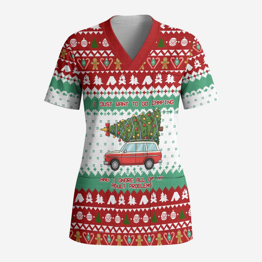I Just Want To Camping Christmas Scrub Top Xmas Holiday Patterns - Wonder Print Shop