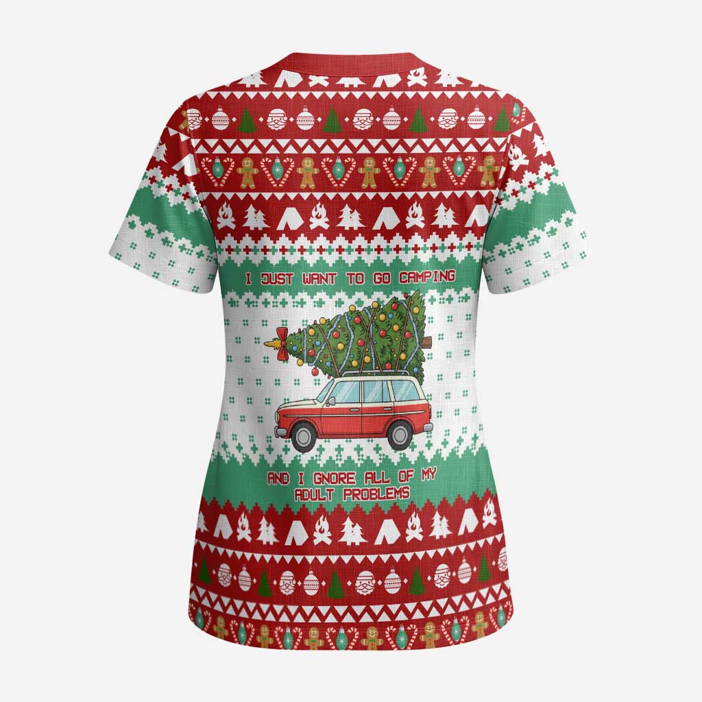 I Just Want To Camping Christmas Scrub Top Xmas Holiday Patterns - Wonder Print Shop