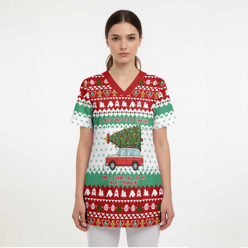 I Just Want To Camping Christmas Scrub Top Xmas Holiday Patterns - Wonder Print Shop